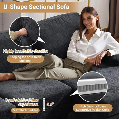 VINGLI 110" Sectional Couches for Living Room,U Shaped Couch with Double Chaise, 4-Seat Sofa Set with Chenille Fabric for Home Furniture,Beige