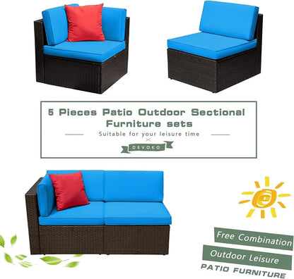 Devoko 5 Pieces Patio Furniture Sets All Weather Outdoor Sectional Patio Sofa Manual Weaving Wicker Rattan Patio Seating Sofas with Cushion and Glass Table(Beige)