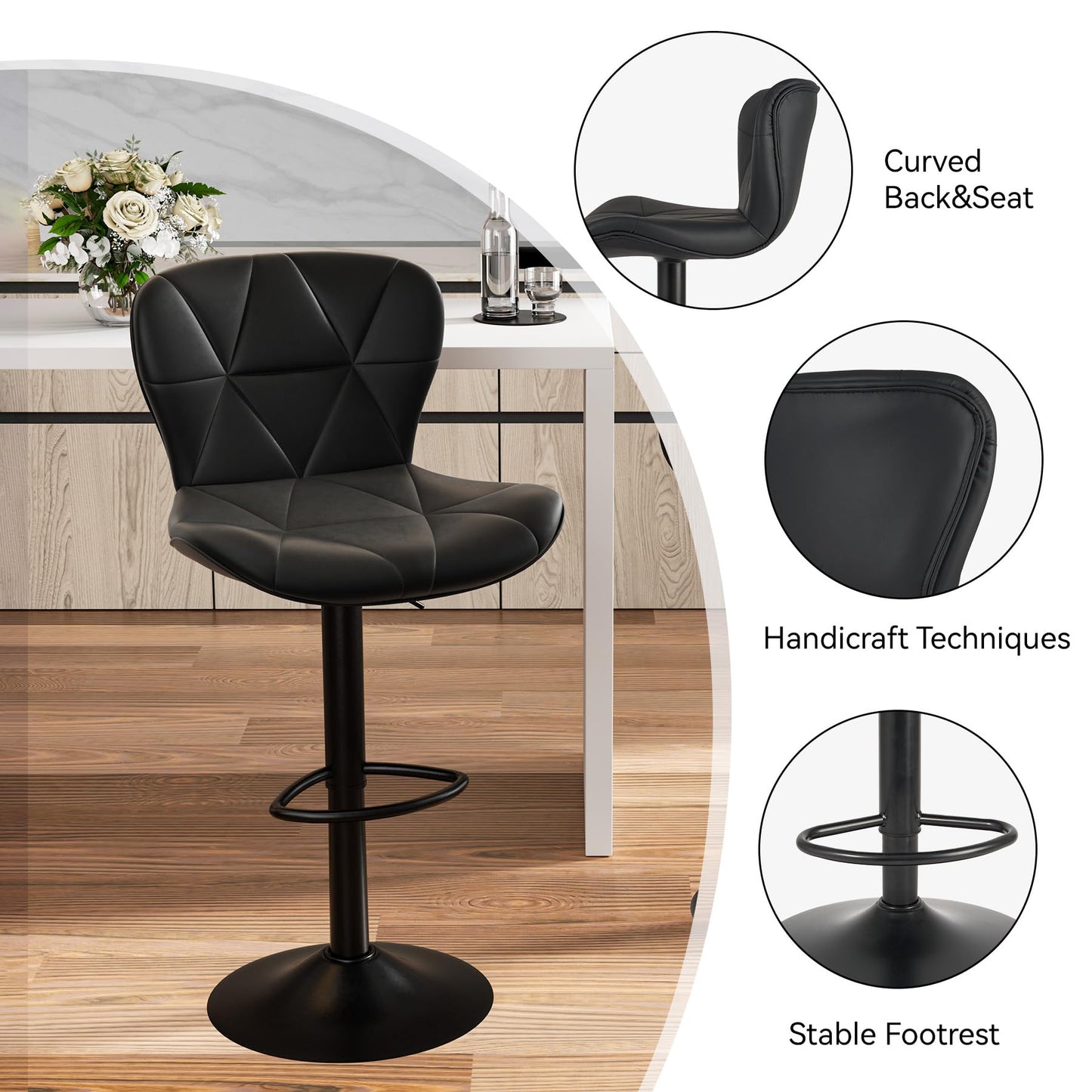 NALUPATIO Modern Bar Stools Set of 2 - Adjustable Faux Leather