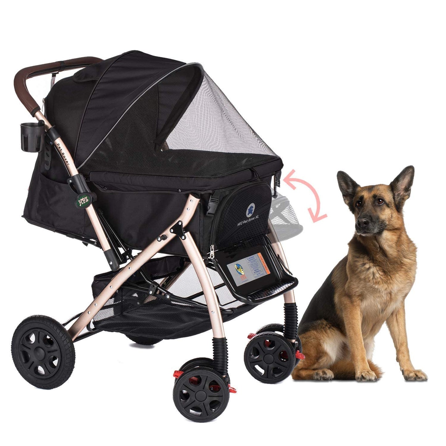 Pet Rover Premium Heavy Duty DogCat Stroller Travel Carriage CompartmentZipperless EntryPump-Free Rubber Tires Small, Medium, Large Pets (Black 2nd-Gen.), X-Large (Pack of 1)