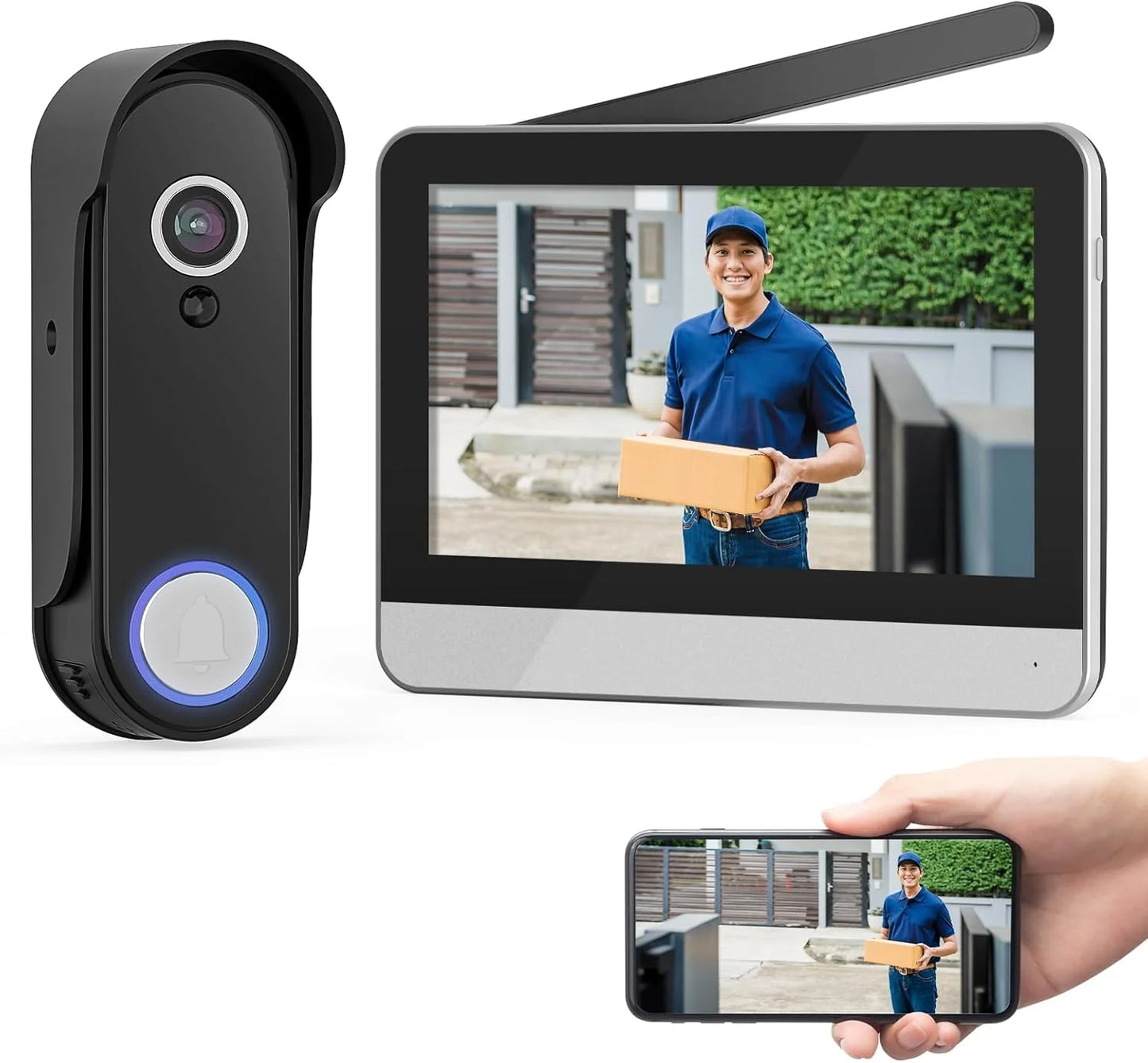 Wireless Smart Video Doorbell System, 7" Display, 1080P, No Subscription