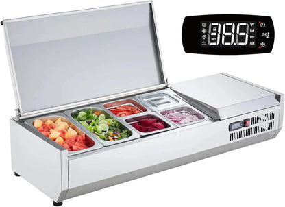 Refrigerated Condiment Prep Station, 135 W Countertop Refrigerated Condiment Station, with 2 1/3 Pans & 4 1/6 Pans, 304 Stainless Body and PC Lid, Sandwich Prep Table with Stainless Guard, ETL