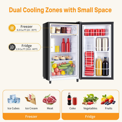 NEWBULIG Mini Fridge with Freezer 3.2 Cu.Ft - Compact Black Refrigerator
