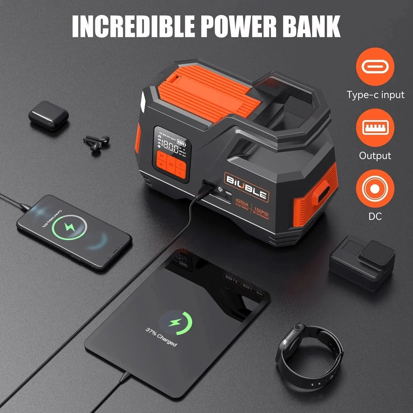 Car Jump Starter with Air Compressor, 4500A Peak 26800mAh 12V Auto with 150PSI Tire Inflatorup to All Gas or 10.0L Diesel Engine