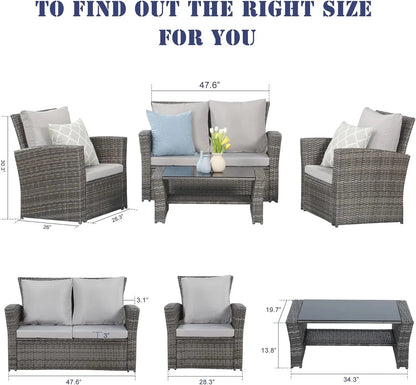 Wisteria Lane 4 Piece Outdoor Patio Furniture Sets, Wicker Conversation Set for Porch Deck, Grey Rattan Sofa Chair with Cushion Blue