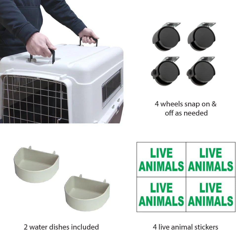 Designs Plastic Kennels Rolling Plastic Airline Approved Wire Door Travel Dog Crate, XXX-Large, Gray