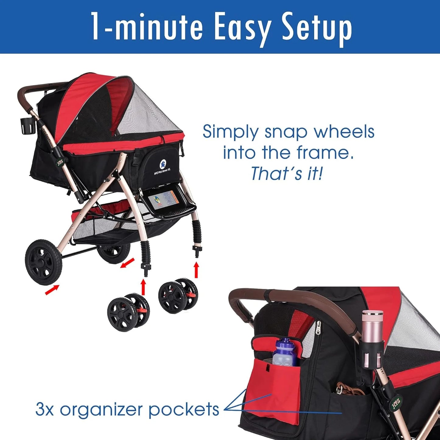 Pet Rover Premium Heavy Duty DogCat Stroller Travel Carriage CompartmentZipperless EntryPump-Free Rubber Tires Small, Medium, Large Pets (Black 2nd-Gen.), X-Large (Pack of 1)