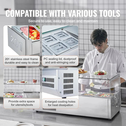 Refrigerated Condiment Prep Station, 135 W Countertop Refrigerated Condiment Station, with 2 1/3 Pans & 4 1/6 Pans, 304 Stainless Body and PC Lid, Sandwich Prep Table with Stainless Guard, ETL
