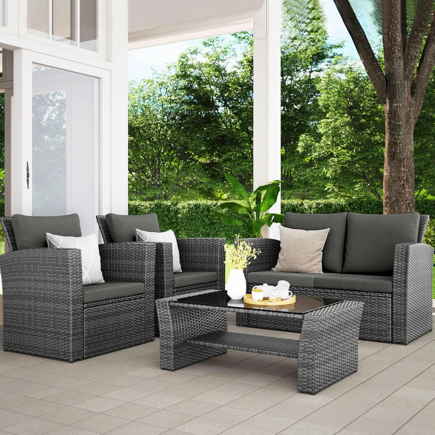 Wisteria Lane 4 Piece Outdoor Patio Furniture Sets, Wicker Conversation Set for Porch Deck, Grey Rattan Sofa Chair with Cushion Blue