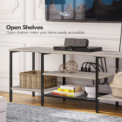TV Stand with Power Outlets to 75 Inches, TV Console Table with Open Storage Shelves Cabinet, Industrial Media Entertainment Center for Living Room Bedroom, Rustic Brown and Black BF60DS01