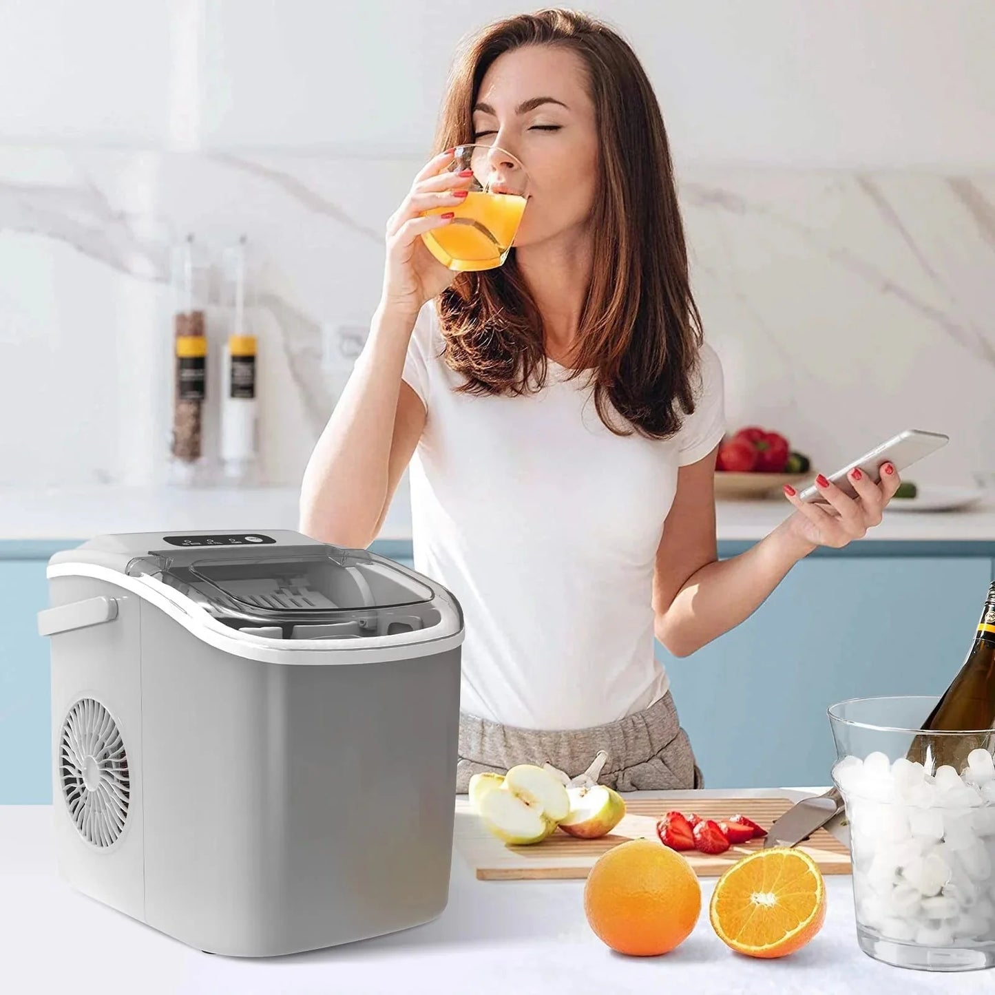 Crzoe Countertop Ice Maker Machine with Handle, 9 Bullet-Shaped Ice Cubes Ready in 6 Mins, 26Lbs/24H, Self-Cleaning Function with Ice Scoop and Basket for Home/Kitchen/Party (Grey)