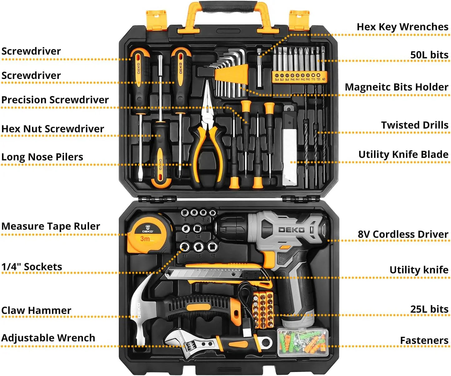 DEKOPRO Tool SetTool Kit with 8V Cordless Drill,Tool Box with Drill,Hand Drill Set for Men & Women,Home Tool Kits for House Repair,Handyman,DIY 126 Piece
