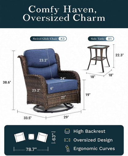 Outdoor Swivel Rocker Patio Chairs with 6-Inch Thick Cushions and Side Table, 3PCS High Back Wicker Patio Furniture Set for Porch, Balcony, Deck and Yard in Blue