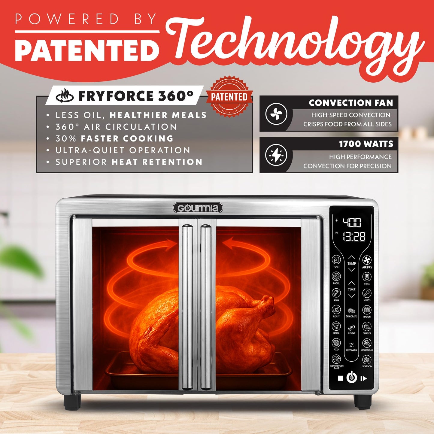 GOURMIA French Door Air Fryer - 25Qt Convection Oven, 17 Presets