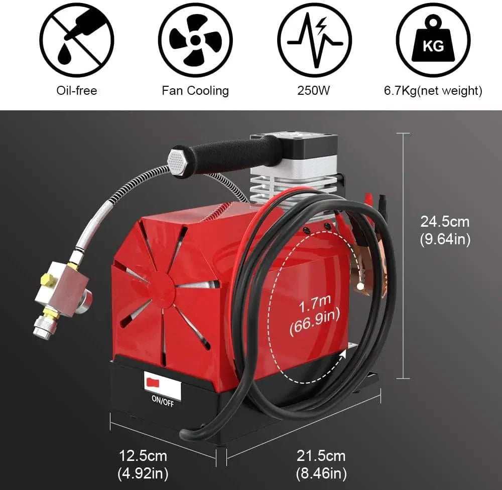 CS2 Portable PCP Air Compressor, 4500Psi/30Mpa, Oil-Free,Powered by Car 12V DC or Home 110V AC with Adapter (Included), Paintball Tank Compressor with Extra Moisture-Oil Separator