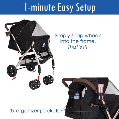 Pet Rover Premium Heavy Duty DogCat Stroller Travel Carriage CompartmentZipperless EntryPump-Free Rubber Tires Small, Medium, Large Pets (Black 2nd-Gen.), X-Large (Pack of 1)