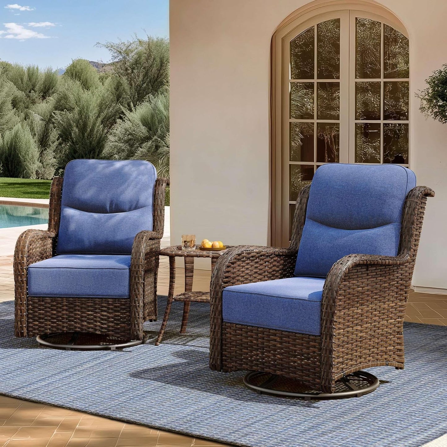 Outdoor Swivel Rocker Patio Chairs with 6-Inch Thick Cushions and Side Table, 3PCS High Back Wicker Patio Furniture Set for Porch, Balcony, Deck and Yard in Blue