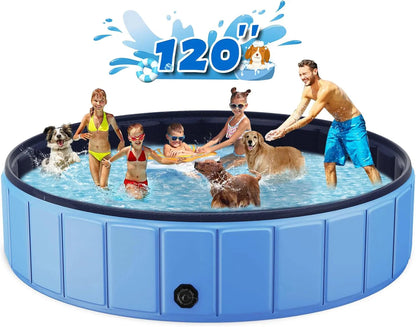 Foldable Dog Swimming Pool, 120"x20" Oversize Collapsable Hard Plastic Potable Bathing Tub for Pet Dog Kiddie Pool Indoor and Outdoor Leakproof PVC Play Pool for Large Dogs Pets Puppy Kids Blue