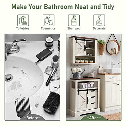 OKD Bathroom Floor Cabinet, Farmhouse Storage Cabinet with Sliding Barn Door & Storage Drawers