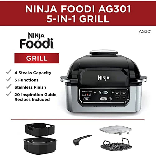 Ninja AG301 Foodi 5 in 1 Indoor Electric Grill with Air Fry, Roast, Bake & Dehydrate Programmable, Black/Silver: Home & Kitchen