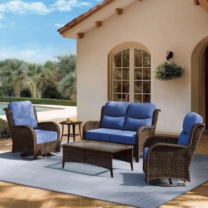 Outdoor Swivel Rocker Patio Chairs with 6-Inch Thick Cushions and Side Table, 3PCS High Back Wicker Patio Furniture Set for Porch, Balcony, Deck and Yard in Blue