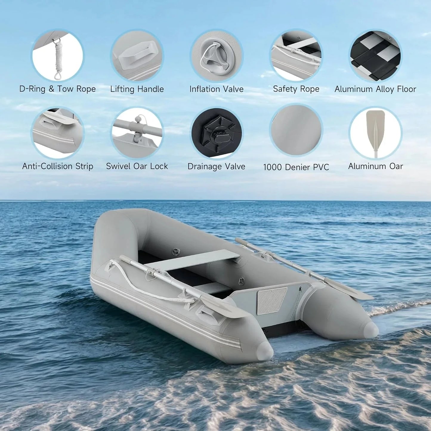 CREWORKS 7.5ft Inflatable Dinghy Boat, 2 Person 660lb Transom Sport Tender Boat with Pump Aluminum Oars Floor, Heavy Duty Inflatable Raft Kayak for Adults