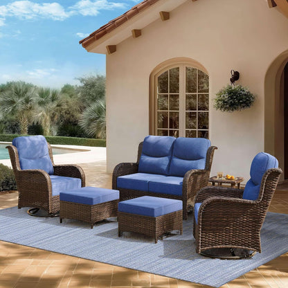 Outdoor Swivel Rocker Patio Chairs with 6-Inch Thick Cushions and Side Table, 3PCS High Back Wicker Patio Furniture Set for Porch, Balcony, Deck and Yard in Blue