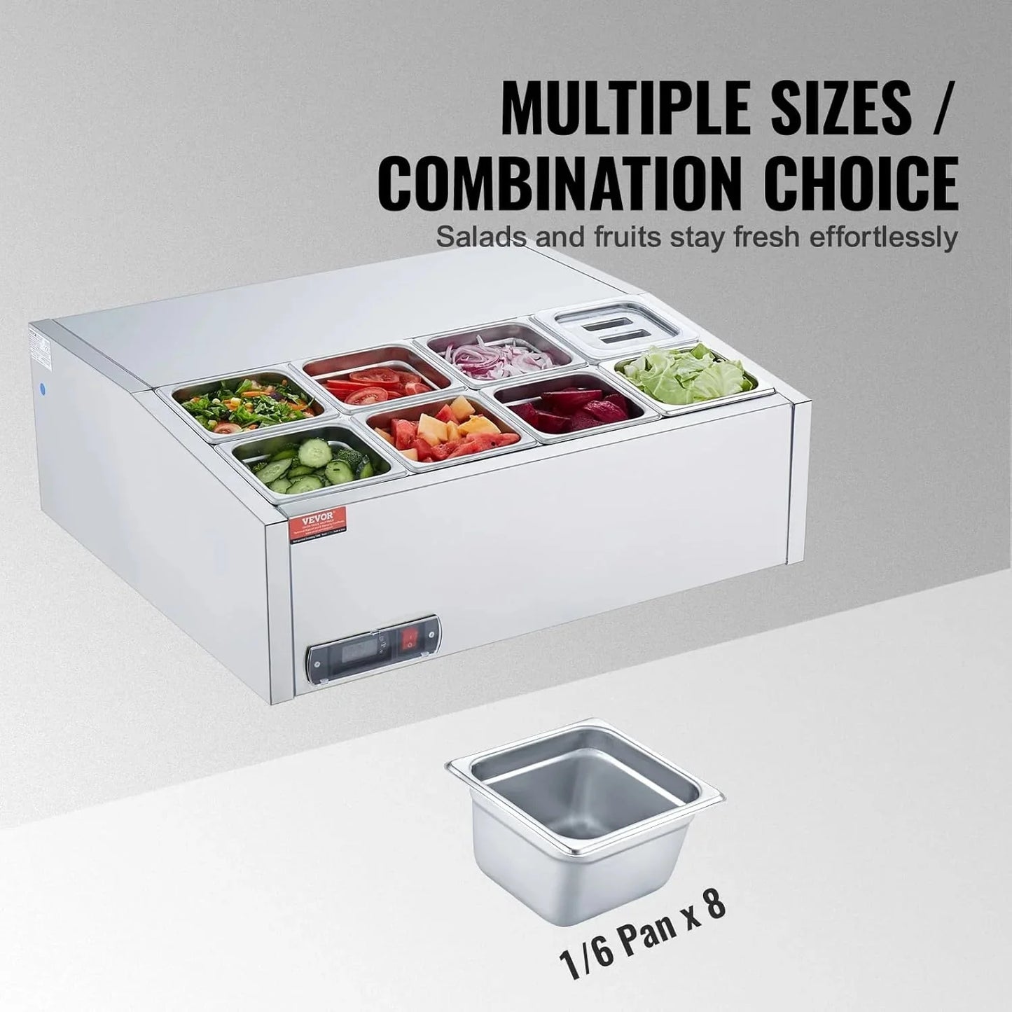 Refrigerated Condiment Prep Station, 135 W Countertop Refrigerated Condiment Station, with 2 1/3 Pans & 4 1/6 Pans, 304 Stainless Body and PC Lid, Sandwich Prep Table with Stainless Guard, ETL