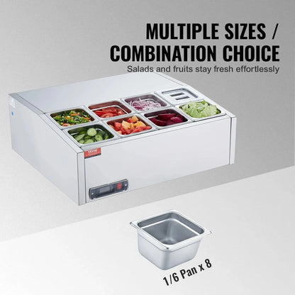 Refrigerated Condiment Prep Station, 135 W Countertop Refrigerated Condiment Station, with 2 1/3 Pans & 4 1/6 Pans, 304 Stainless Body and PC Lid, Sandwich Prep Table with Stainless Guard, ETL