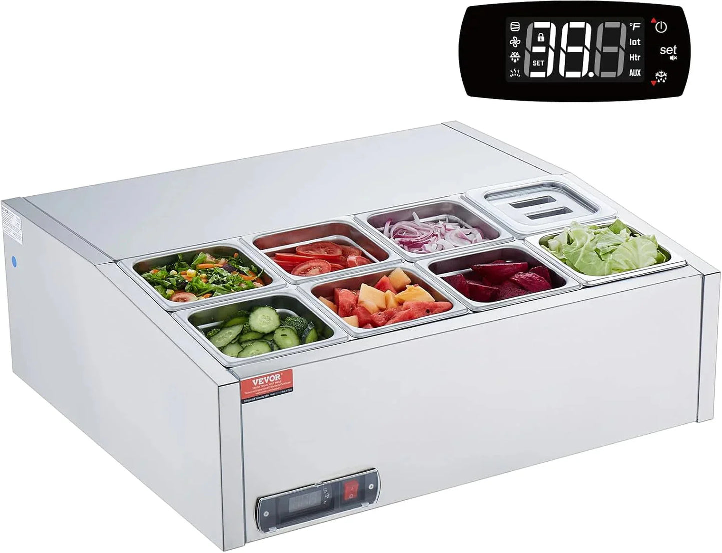 Refrigerated Condiment Prep Station, 135 W Countertop Refrigerated Condiment Station, with 2 1/3 Pans & 4 1/6 Pans, 304 Stainless Body and PC Lid, Sandwich Prep Table with Stainless Guard, ETL