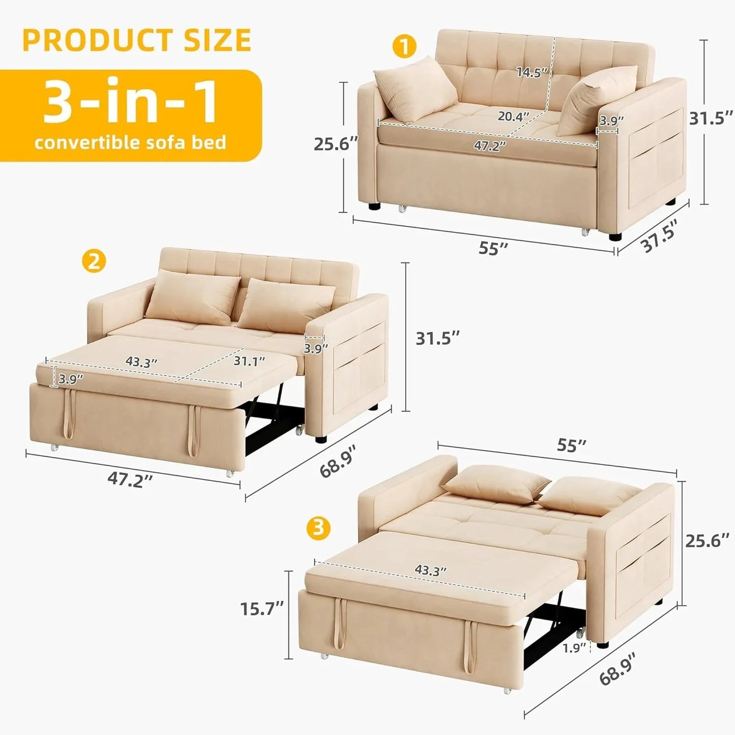 DWVO 3-in-1 Convertible Sofa Bed, 55" Sleeper Sofa with Pull-Out Bed, Cat-Scratch-Proof Fabric Futon Couch with Adjustable Backrest and Side Pocket, Loveseat for Living Room Apartment, Grey