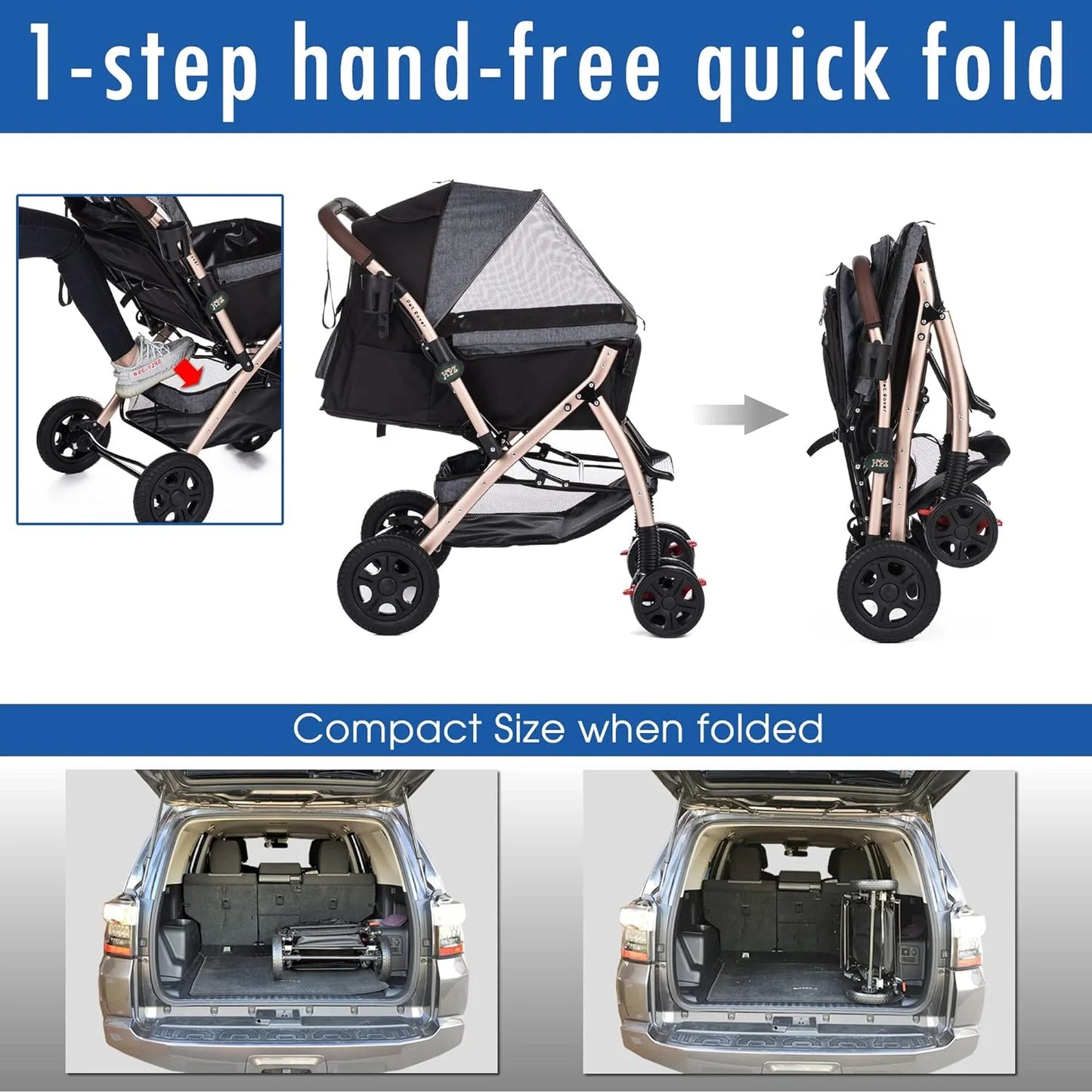 Pet Rover Premium Heavy Duty DogCat Stroller Travel Carriage CompartmentZipperless EntryPump-Free Rubber Tires Small, Medium, Large Pets (Black 2nd-Gen.), X-Large (Pack of 1)