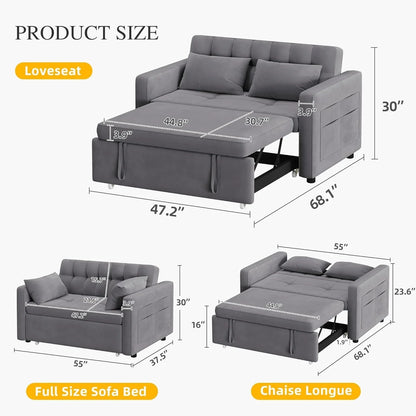 DWVO 3-in-1 Convertible Sofa Bed, 55" Sleeper Sofa with Pull-Out Bed, Cat-Scratch-Proof Fabric Futon Couch with Adjustable Backrest and Side Pocket, Loveseat for Living Room Apartment, Grey