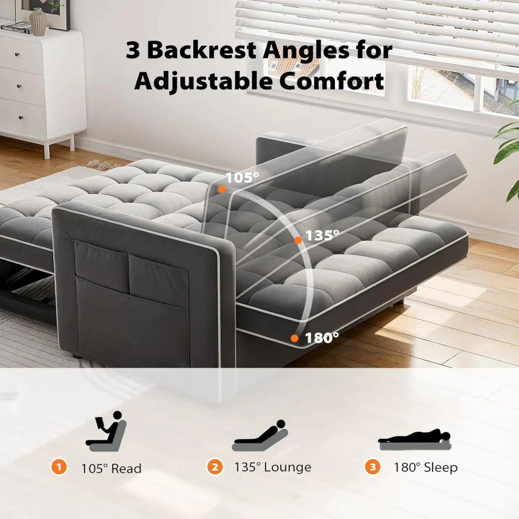 Pipishell 3 in 1 Convertible Sleeper Sofa Bed,Pull Out Couch for Living Room with USB Ports & Side Pockets,Adjustable Backrest,Velvet,Loveseat Sofa Bed,Futon Couches,Black