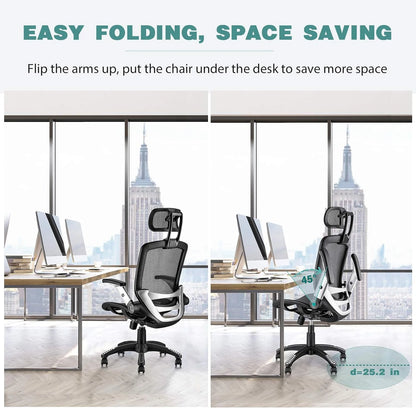 Ergonomic Mesh Office Chair, High Back Desk Chair - Adjustable Headrest with Flip Arm, Tilt Function, Lumbar Support and PU Wheels, Swivel Computer Work Chair