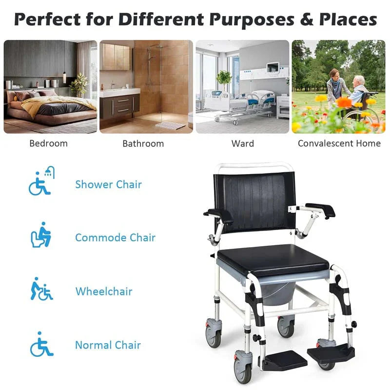 4 In 1 Bedside Commode Chair Shower Wheelchair With Detachable Bucket Padded Mobile Toilet Chair - Comfortable And Ergonomic Design