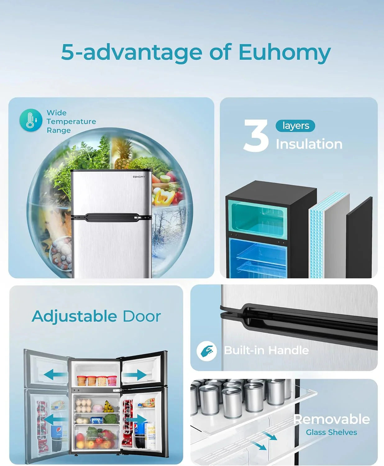 EUHOMY 3.2 Cu.Ft Mini Fridge with Freezer – 2-Door Compact Refrigerator for Bedroom, Dorm, Office or Apartment, Silver