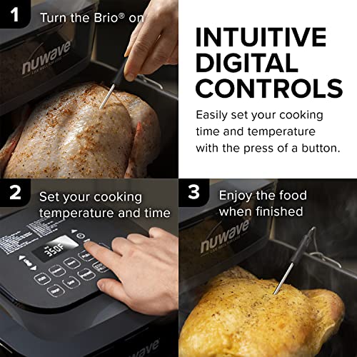 Nuwave Brio 8 Qt Air Fryer, Powerful 1800W, Easy to Read Cool White Display, 50° 400°F Temp Controls, 100 Pre Programmed Presets & 50 Memory Slots, Integrated Smart Thermometer, Linear T Technology