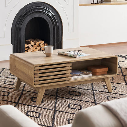 Mopio Ensley Mid Century Modern Rectangle Coffee Table with Dual Storage Shelf, Wood Slat Sliding Door, & Rounded Edge Protection for Living Room, Walnut Grain