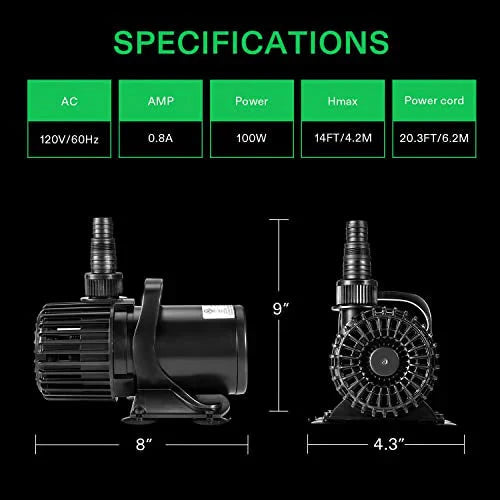 VIVOSUN 1600 GPH Submersible Water Pump, 100W Pond Pump, Ultra Quiet Aquarium Pump