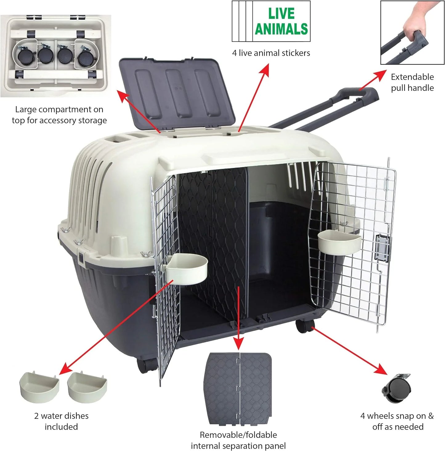 Designs Plastic Kennels Rolling Plastic Airline Approved Wire Door Travel Dog Crate, XXX-Large, Gray