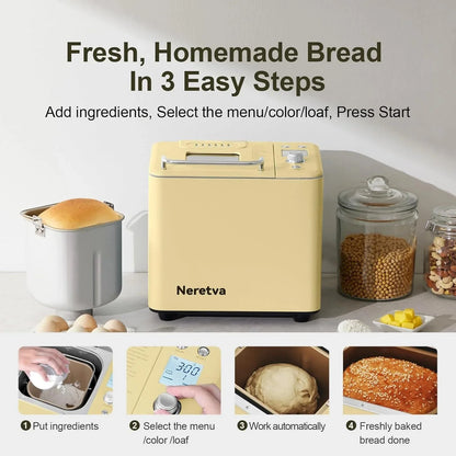 Neretva Bread Maker, 20-in-1 2LB Bread Maker Dual Heater Bread Maker Automatic with Non-Stick Ceramic Pan