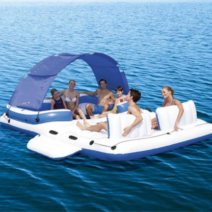 Tropical Breeze 6 Person Inflatable Party Island Large Relaxing Water Float with Detachable Sunshade and Cooler Bag