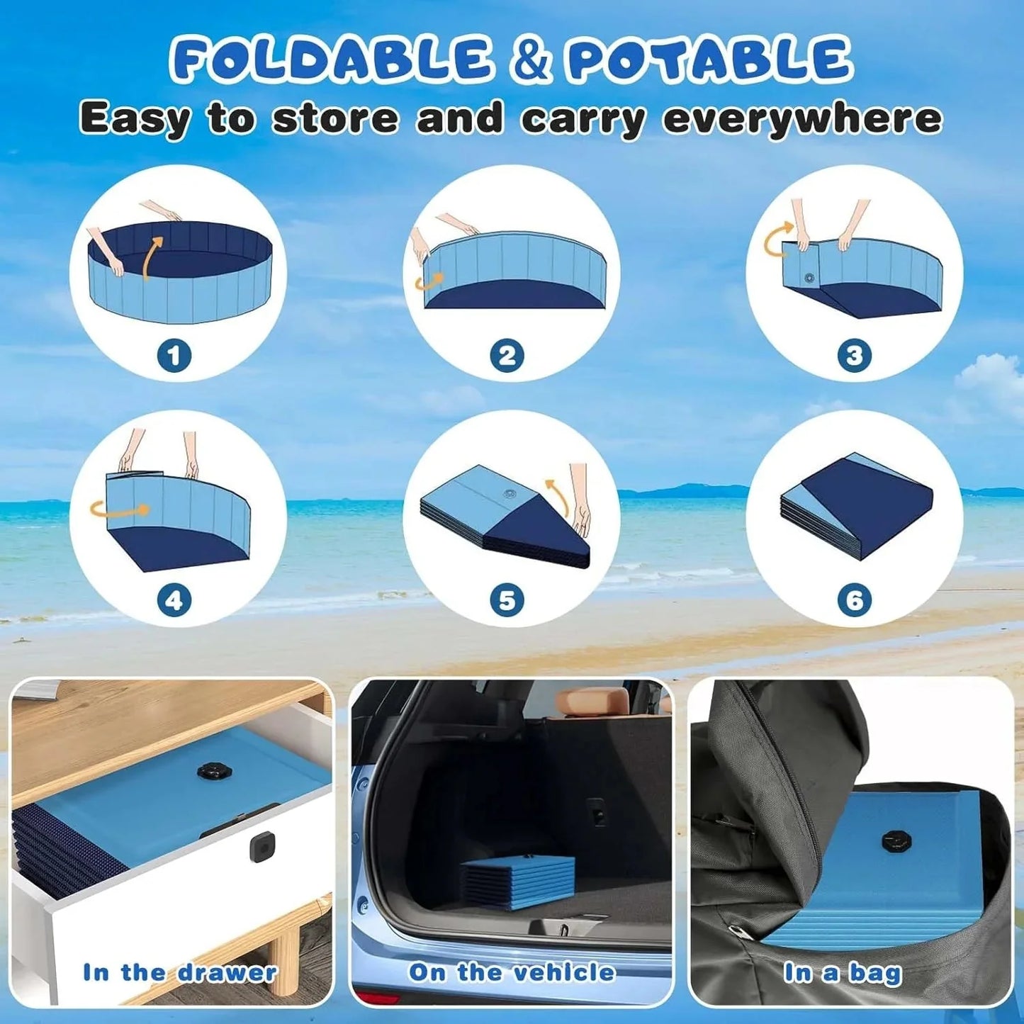 Foldable Dog Swimming Pool, 120"x20" Oversize Collapsable Hard Plastic Potable Bathing Tub for Pet Dog Kiddie Pool Indoor and Outdoor Leakproof PVC Play Pool for Large Dogs Pets Puppy Kids Blue