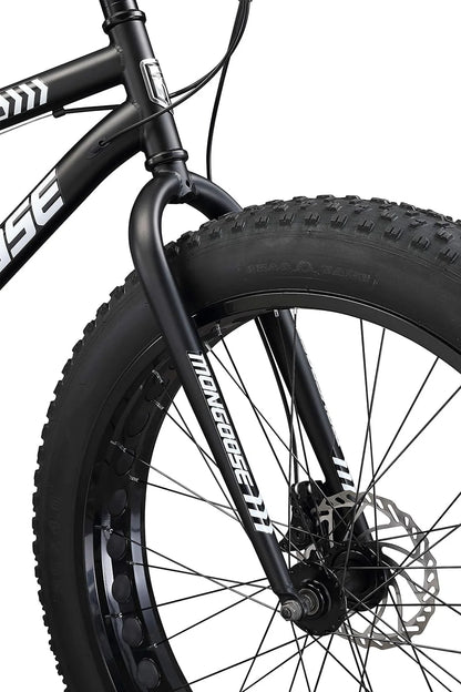 Mongoose Malus Mens and Women Fat Tire Mountain Bike, 26-Inch Bicycle Wheels, 4-Inch Wide Knobby Tires, Steel Frame, 7 Speed Drivetrain, Shimano Rear Derailleur, Disc Brakes