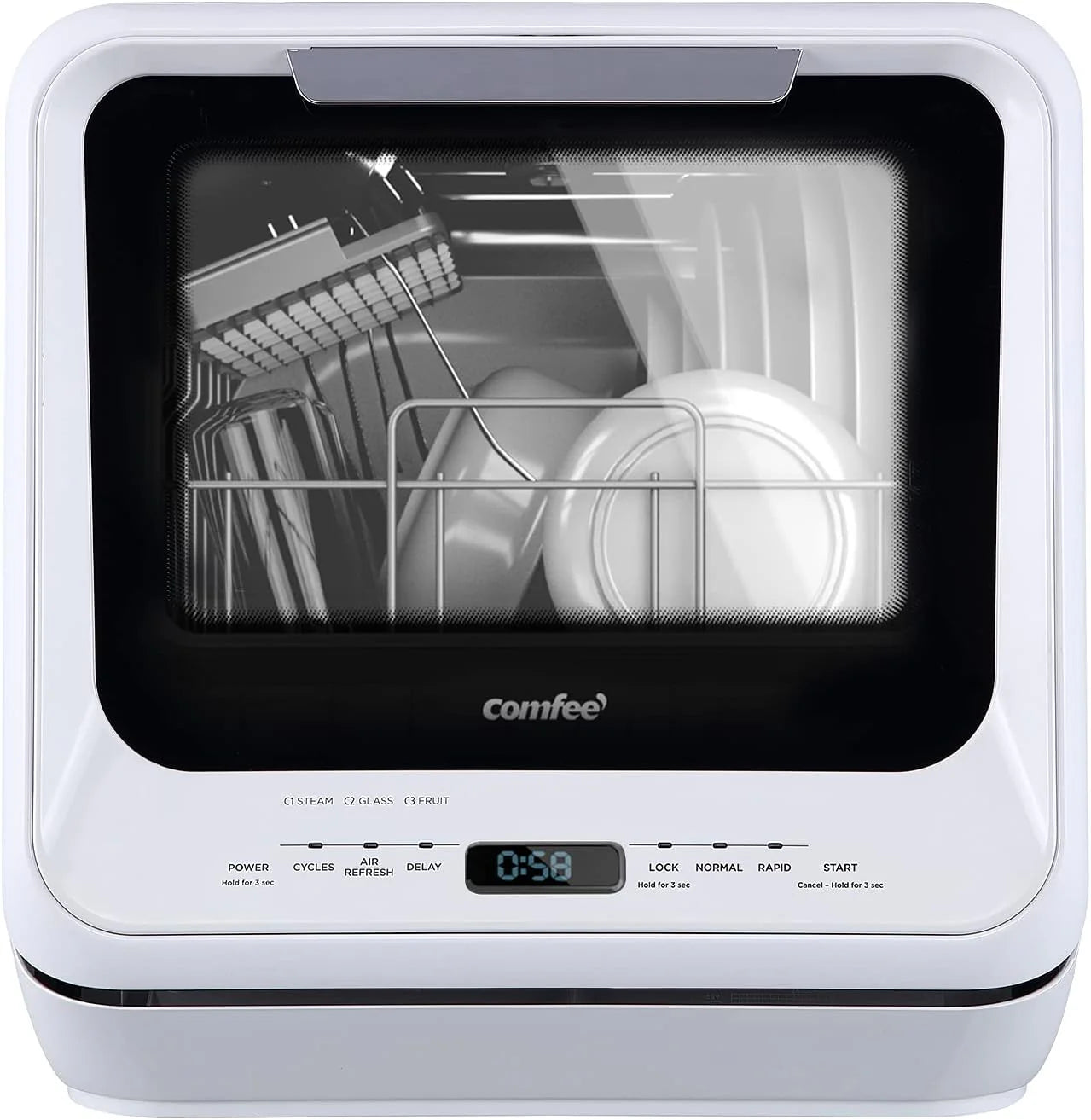 COMFEE' Portable Dishwasher Countertop with 5L Built-in Water Tank, No Hookup Needed, 6 Programs, 360° Dual Spray, 192℉ High-Temp& Air-Dry Function, Mini Dishwasher for RVs, White