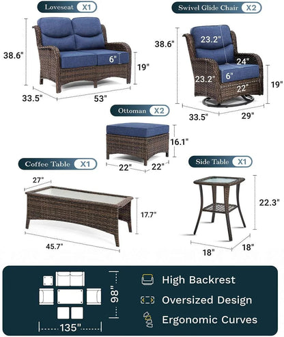 Outdoor Swivel Rocker Patio Chairs with 6-Inch Thick Cushions and Side Table, 3PCS High Back Wicker Patio Furniture Set for Porch, Balcony, Deck and Yard in Blue