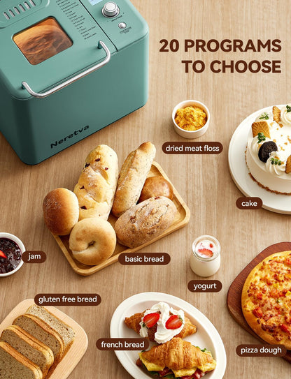 Neretva Bread Maker, 20-in-1 2LB Bread Maker Dual Heater Bread Maker Automatic with Non-Stick Ceramic Pan