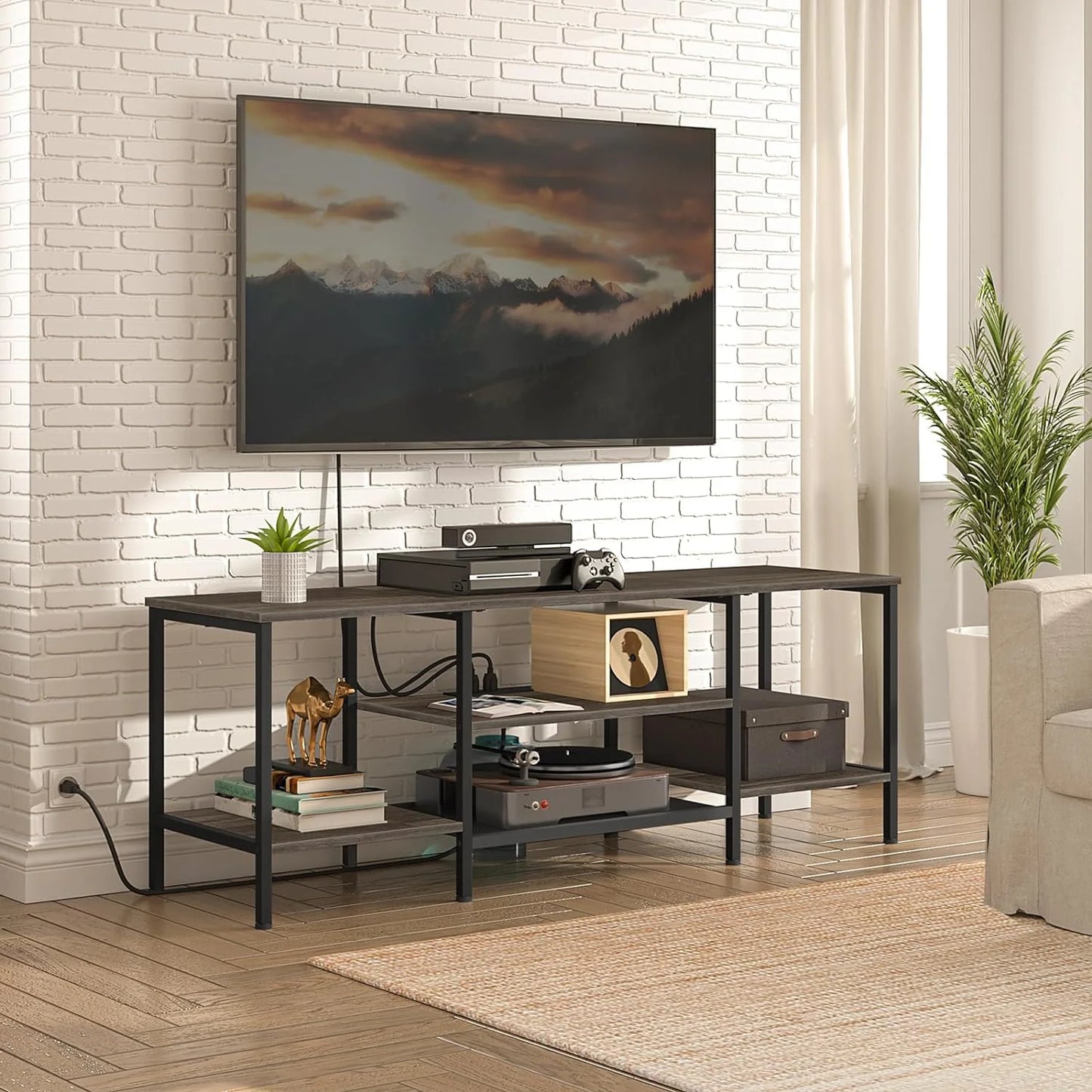 TV Stand with Power Outlets to 75 Inches, TV Console Table with Open Storage Shelves Cabinet, Industrial Media Entertainment Center for Living Room Bedroom, Rustic Brown and Black BF60DS01