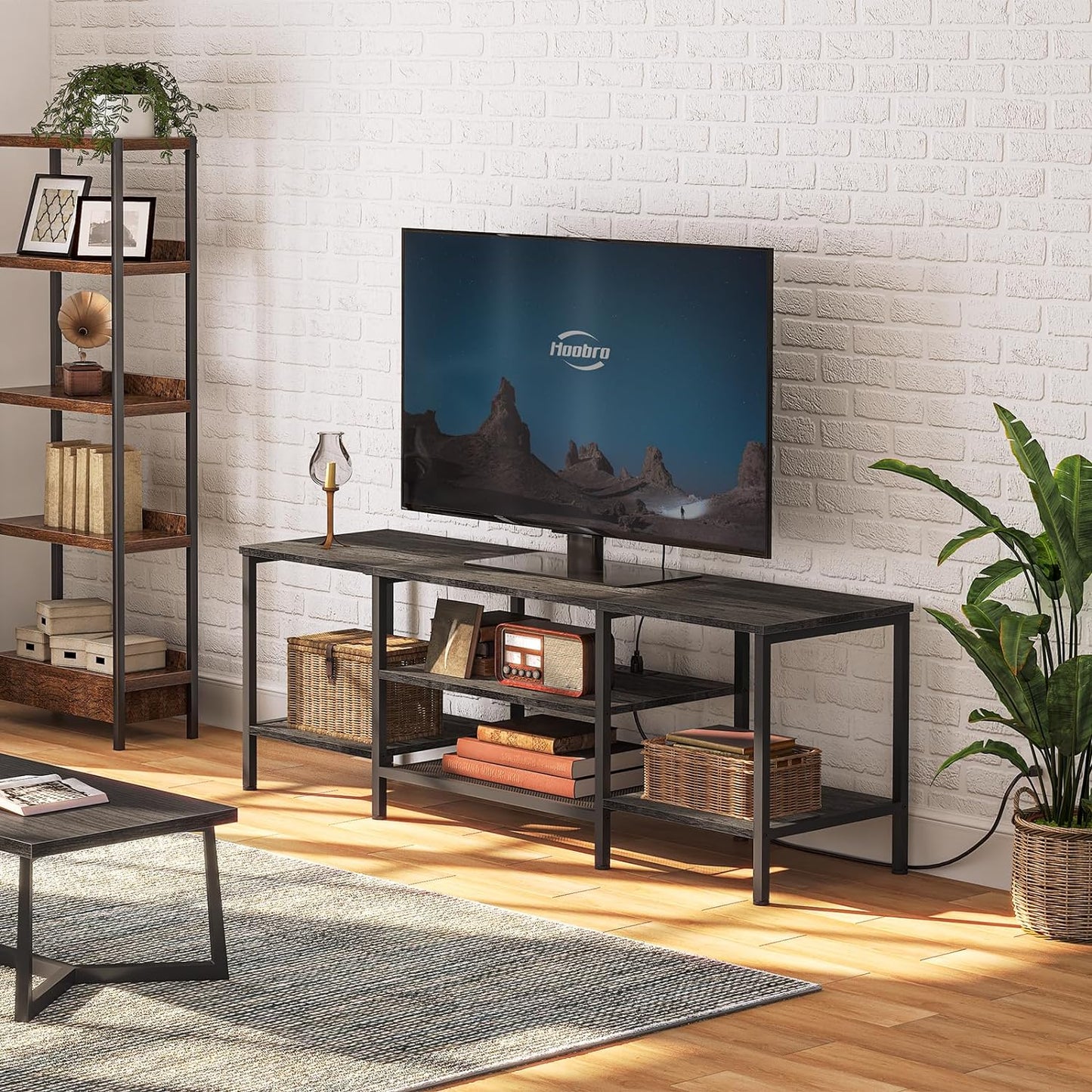 TV Stand with Power Outlets to 75 Inches, TV Console Table with Open Storage Shelves Cabinet, Industrial Media Entertainment Center for Living Room Bedroom, Rustic Brown and Black BF60DS01